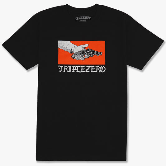 black tshirt with orange and white print