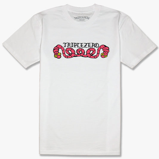 white tshirt with pink print of a worm